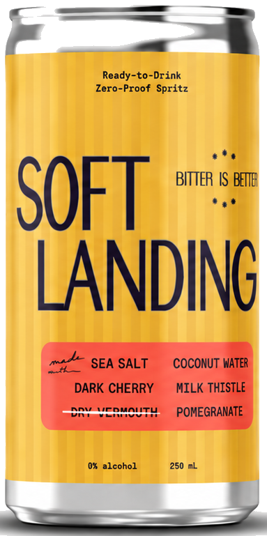 Front of the Soft Landing zero-proof can, with dry vermouth crossed out